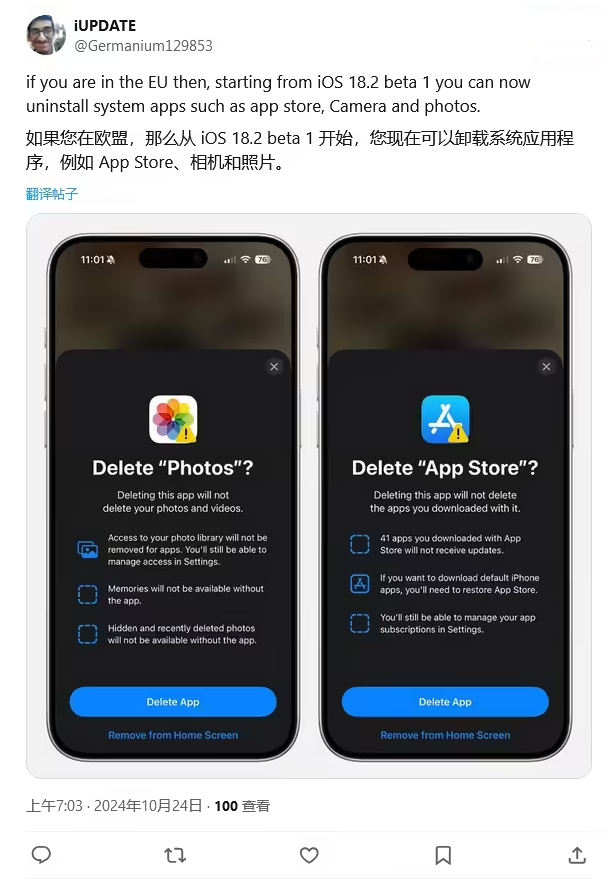 开江苹果手机维修分享iOS 18.2 支持删除 App Store 应用商店 