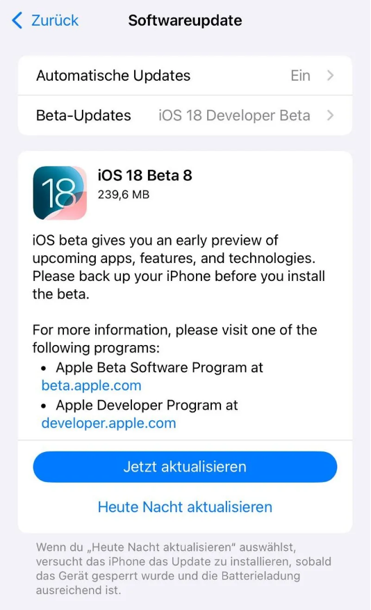 开江苹果手机维修分享苹果 iOS / iPadOS 18 开发者预览版 Beta 8 发布 